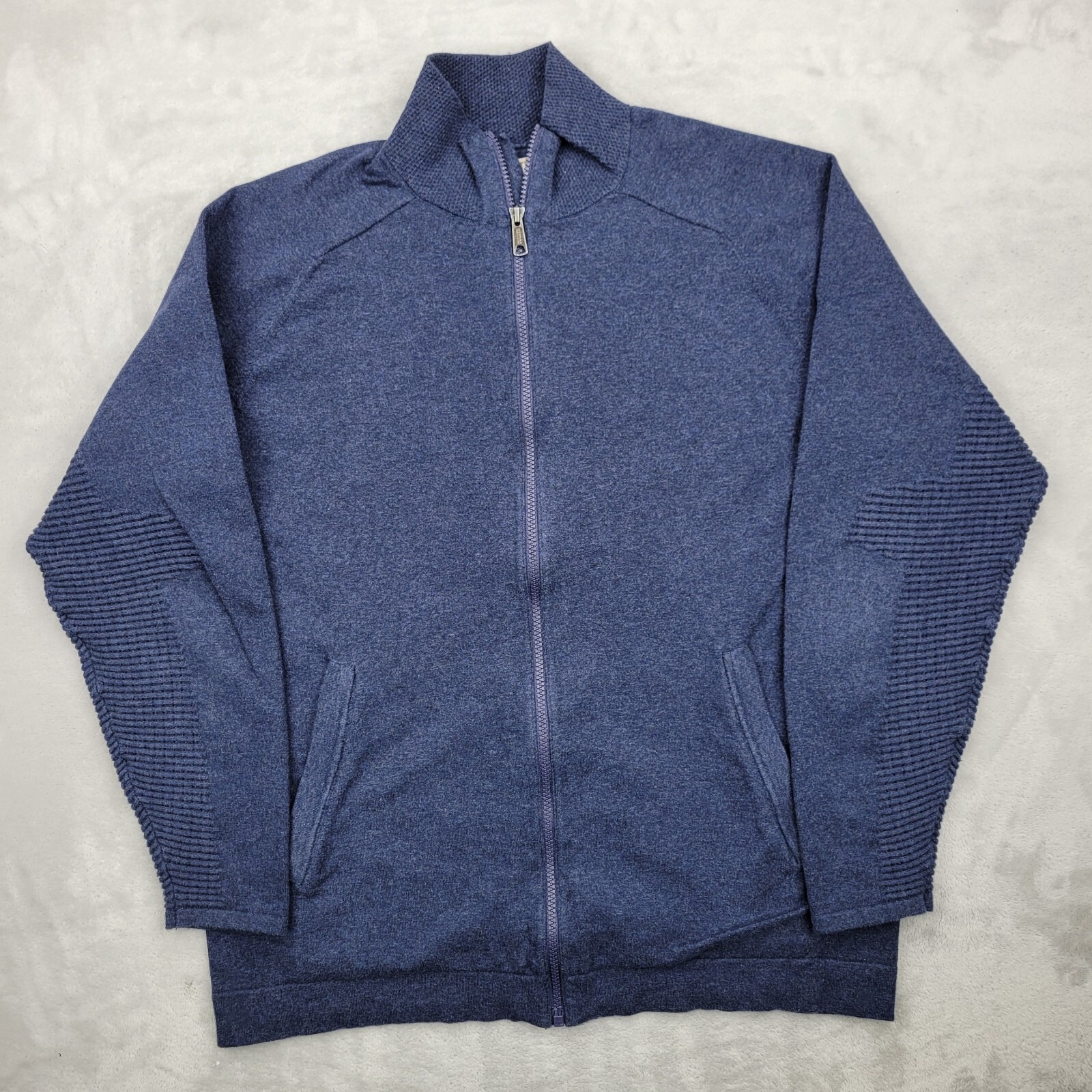 Duluth Trading Sweater Mens Medium Mock Full Zip Up Jacket Sweatshirt Knit Blue